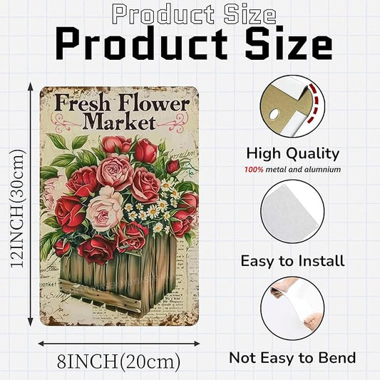 Metal Signs Fresh Flower Market Vintage Signs Retro Aluminum Tin Sign for Garden Home Bar Cafe Decor 8x12 Inch