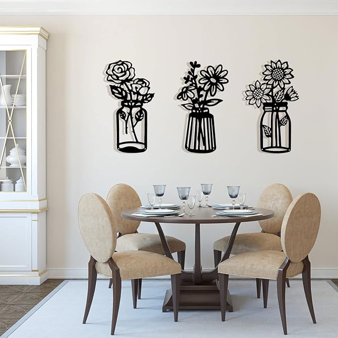 3 Pcs Metal Flower Wall Decor,Black Metal Art Wall Decor Minimalist Floral Wall Decor Multiple Flowers with Vases Sculpture Wall Hanging Decor for Bathroom Living Room Kitchen Office