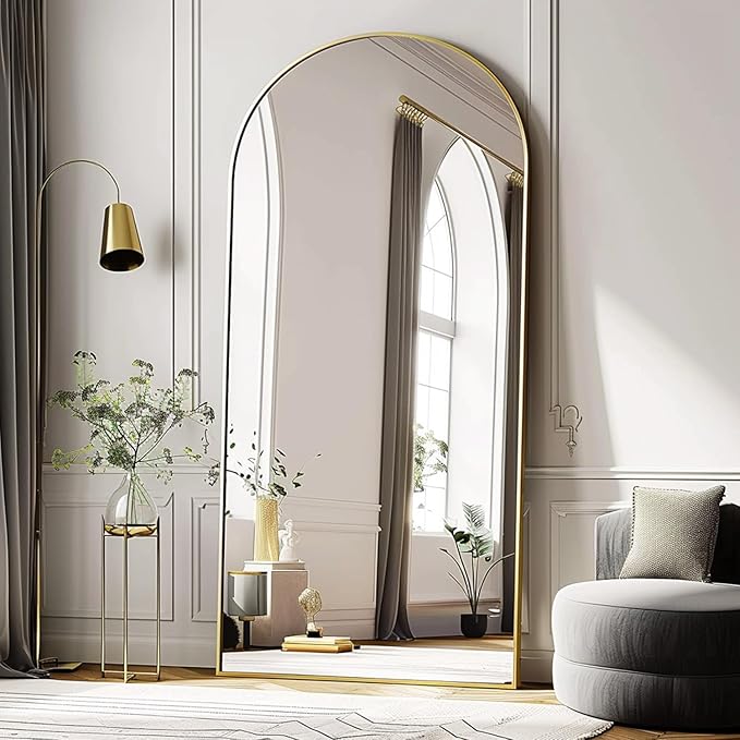 76''x34'' Arched Floor Mirror, Full Length Body Mirror with Stand, Modern & Contemporary Design, Aluminum Alloy Frame (Gold)