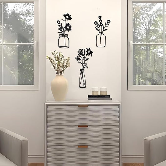 QZGXDECO Black Metal Flower Wall Decor,Metal Vase Wall Art,Minimalist Floral Wall Sculptures,Hanging Decor for Kitchen Dining Room Living Room Bathroom Bedroom(11.5'' X 3PCS)
