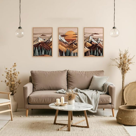 KAIRNE Woodcut Style Mountain Framed Canvas Wall Art Set,Wooden Pine Tree Wall Decor,Vintage Forest Landscape Art Prints,Nature Sunrise Artwork for Living Room,Bedroom,Farmhouse,Office-16 x24 x3