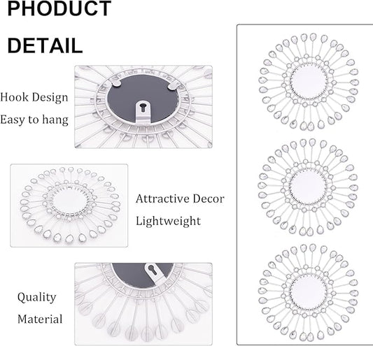 Silver Mirrors 3 PCE, 9 inchSunburst Mirror Hanging Wall Decor, Valentine Decorative Mirror Wall Art, Round Mirrors for Bedroom Living Room Bathroom Kitchen, Warming Valentine Gifts