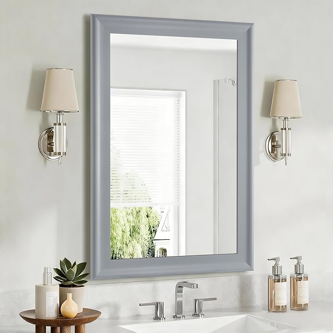 Wood Bathroom Mirror 24x36 Inch, Grey Wooden Rectangle Mirrors with Tempered Glass for Bathroom,Living Room or Entryway