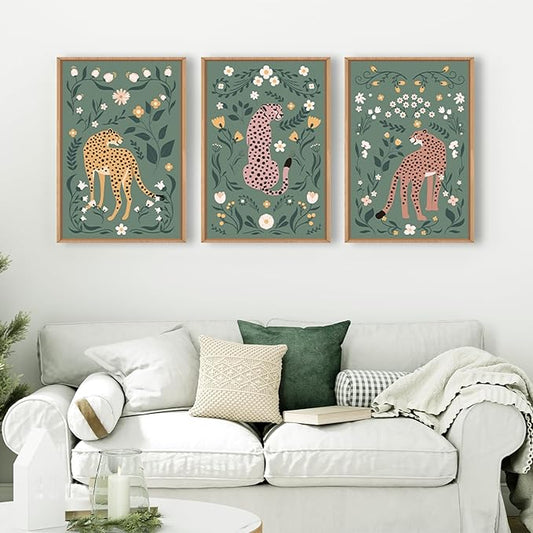 KAIRNE Sage Green Cheetah Framed Canvas Wall Art Set,Boho Leopard Floral Wall Decor,Abstract Animal Wildflower Art Prints,Modern Botanical Artwork for Living Room,Bedroom,Farmhouse,Office-24 x36 x3