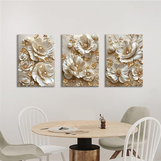 3 Pcs Modern Beige Gold Peony Floral Canvas Wall Art, Neutral Elegant 3d Beige Flowers Wall Painting White Blooming Floral Pictures Posters Art Print Home Decor for Bedroom Living Room Office 20"x28"x3
