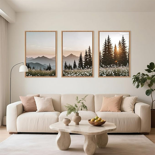 Large Mountain Sunlight Calming Framed Canvas Wall Art Set,Boho Nature Pine Tree Landscape Wall Decor,Modern Sunrise Forest Art Printing for Living Room,Bedroom-16 x24 x3