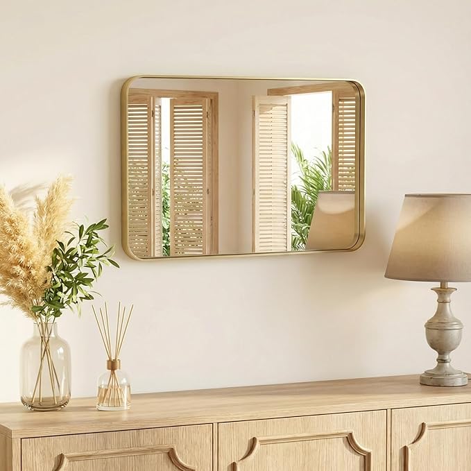 OLIXIS Bathroom Mirror for Over Sink, 24x32 Inch Wall Rounded Rectangle Mirror with Matte Metal Framed, Modern Wall Mount Vanity Mirror for Home Decor, Living Room, Bedroom, Gold