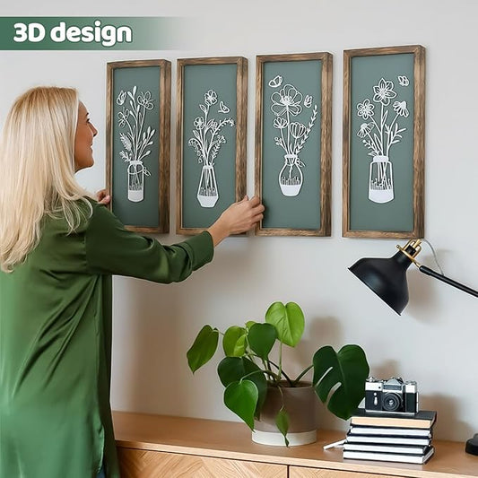 BrightRow 4 Pcs 3D Green Wooden Floral Wall Art Bathroom Wall Decor 7 x 16 Inch Farmhouse Vintage Boho Minimalist Flower and Vases Art for Living Room