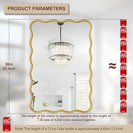 PROHOMEWARE 24 * 36" Gold Bathroom Mirror for Wall,Wavy Rectangular Mirror,Vanity Mirror,Bathroom Mirrors for Wall,Wall-Mounted Metal Frame Mirror for Bedroom Entryway Living Room Farmhouse (Gold)