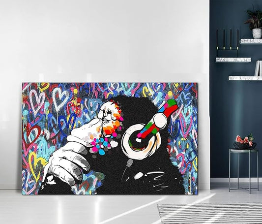 Monkey Graffiti Wall Art - Thinking Monkey Poster, Funny Picture, Painting Print on Canvas, Suitable for Home Wall Decor - Framed, Ready to Hang - 28x44inch