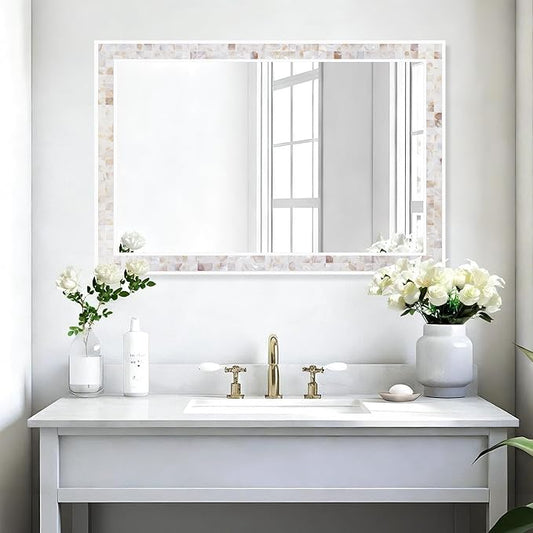 Tanmicoshomy Brown Shell Framed Rectangular Wall Mirrors for Bathroom, 24x36 Inch Mosaic Mirror for Bedroom Living Room or Entryway, Wall Mounted Horizontal or Vertical Hanging