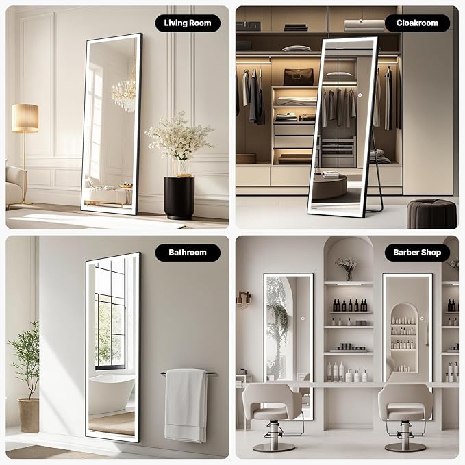 Kosmonia 71x28 Full Length Mirror, Dimmable 3 Color LED Light w/Light Memory, Distortion Free Silver Coating Mirror, HD Reflection &Anti Desilvering,Tempered Glass, Easy Setup w/Stand, Wall/Standing
