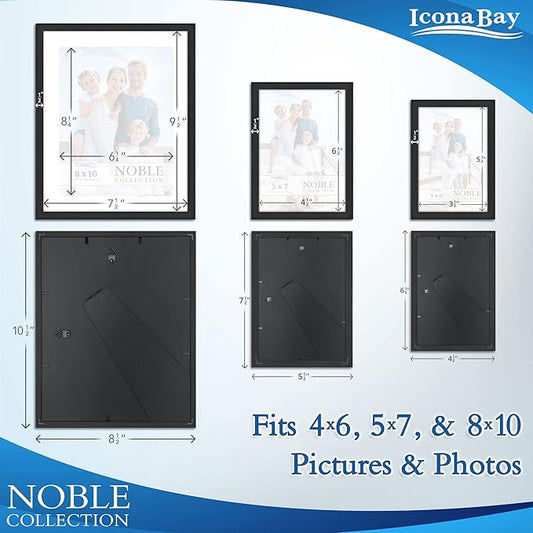 Icona Bay Combo-Sizes Black Picture Frames Set - 10 PC (Four 4x6, Four 5x7, Two 8x10), Noble Collection Multi-Pack, Modern Professional Design for Wall Gallery