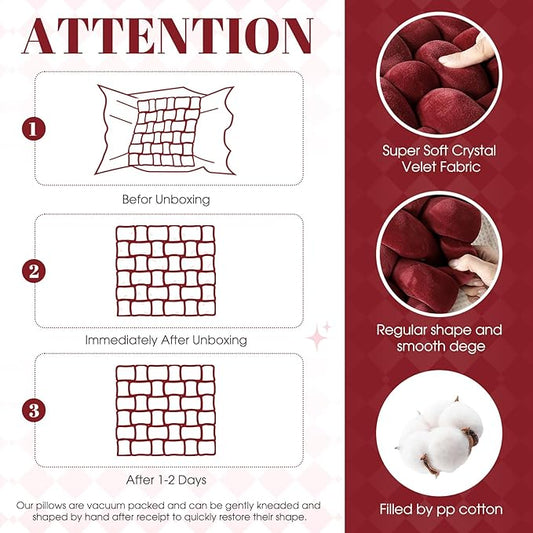 Wenqik 2 Pcs Knot Pillows Square Knotted Plush Throws Soft Accent Pillows Decoration Cushion for Couch Home Office Living Room Bedroom Bed Sofa Decor, 12'' x 13''(Burgundy,Crystal Velvet)