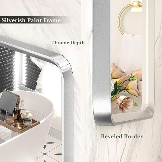 60x36 Silver Mirror for Bathroom, Large Silver Vanity Mirror for Wall, Large Rounded Rectangle Mirror, Beveled Border, Anti-Rust, Shatterproof (Horizontal/Vertical)
