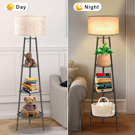 ZQQLITE 2 PCS Black Floor Lamp with Shelves for Living Room, Standing Lamp,Tall Lamp, Amparas Elegantes para Sala with Linen Shade,Modern Floor Lamp for Living Room,Bedroom or Office(Black )