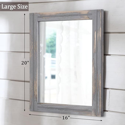 AAZZKANG Wood Framed Mirror Rectangular Rustic Wall Mirrors Decorative Large 20"x16" for Farmhouse Bathroom Living Room Bedroom Grey