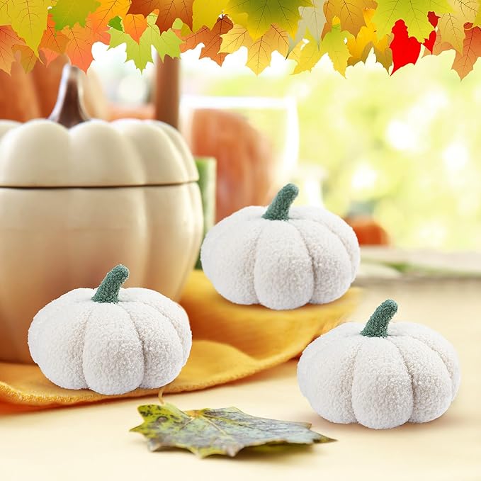 Namalu 3 Pcs Thanksgiving Pumpkin Pillows 3D Throw Cushion Soft Sofa Pillows Stuffed Pumpkin Decoration for Fall Winter Living Room Home Christmas Thank You Gifts(7.87 Inch,White)