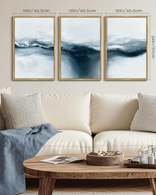 PHOPAGO Blue Abstract Framed Wall Art Large 16x24in Ocean Landscape Wall Decor Modern Art Paints for Living Room Bedroom - Natural Framed