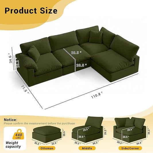 Cloud Modular Couch for Living Room,V Shape Linen Blend Sofas,Modern Deep Seat Cloud Sofas,Convertible Comfort Down Filled Sectional Couches,Removable Washable Cushion Covers,Green