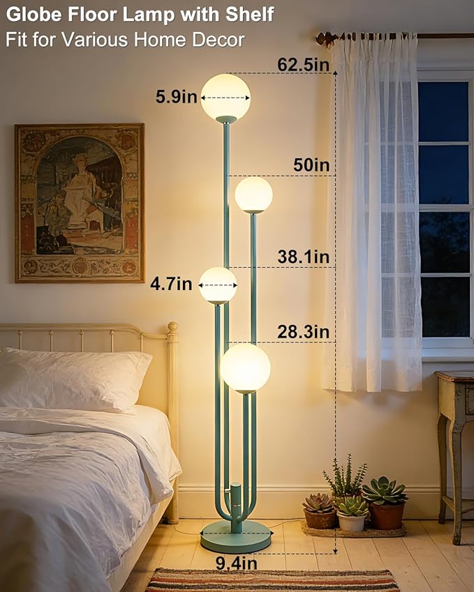 Lightdot Green Globe Floor Lamp 4-Lights Dimmable Floor Lamps with 3000K Bulbs Included Unique Modern Standing Tall Lamp with 5Lbs Heavy Base for Living Room/Bedroom