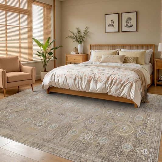 Rugxara 8x10 Area Rugs for Living Room, Large Washable Rug, Beige Vintage Retro Boho Style, Non Slip & Low Pile Faux Wool Carpet for Indoor Dining Room, Bedroom, Dorm, Classroom and Kids Room