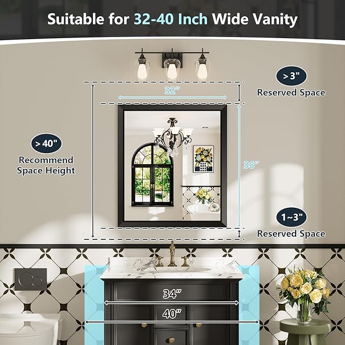 32x36 Inch Black Bathroom Mirror for Wall, Beveled Framed Rectangle Bathroom Vanity Mirrors for Over Sink, Bedroom, Living Room, Entryway, Anti-Rust, HD Tempered Glass, Horizontally/Vertically
