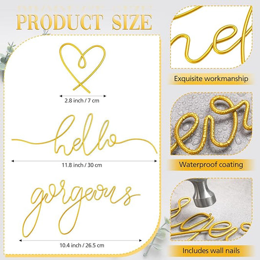 Hicarer Metal Hello Gorgeous Wall Art Minimalist Decor for Bedroom Bathroom Living Room Dressing Room Salon Office Home Decorations Easy to Install Wall Decor(Gold,Classic Style)