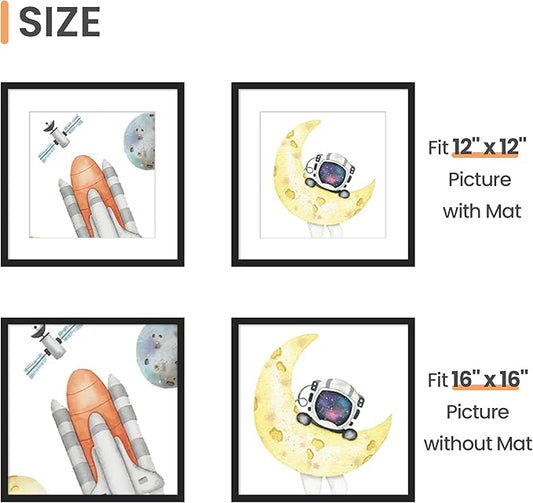 upsimples 16x16 Picture Frame Set of 3, Made of High Definition Glass for 12x12 with Mat or 16x16 Without Mat, Wall and Tabletop Display Photo Frames, Black