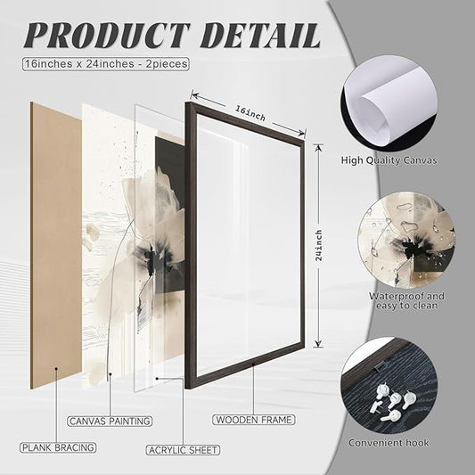 Tocliky Modern Abstract Floral Wall Art Minimalist Neutral Canvas Painting Decor Beige Cream And Black Wall Art Contemporary Flower Picture Prints for Living Room Bedroom 16x24 Inch Framed Set of 2