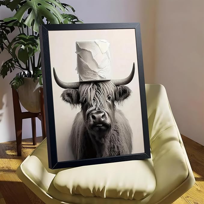 ARKZSHO Black and White Bathroom Wall Art, Funny Highland Cow Canvas Poster Print Picture, Modern Farmhouse Wall Decor Painting, Cute Animal Bathroom Restroom Home Decoration 16x24 Inch Wood Framed