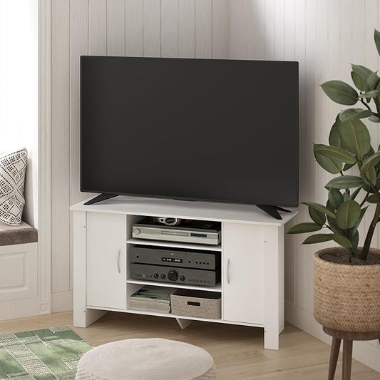 Furinno ECON TV Stand, 4-Tier Entertainment Center with Adjustable Shelf, Open Back TV Console with Door Storage for TV up to 50 Inch, for Living Room, Bedroom, White