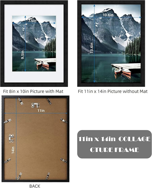 Hongkee 11x14 Picture Frames set of 3, Made of Glass and Black Wooden Photo frame - Displays 8x10 Picture with Mat or 11 x 14 Poster without Mat, Wall Collage Frame set
