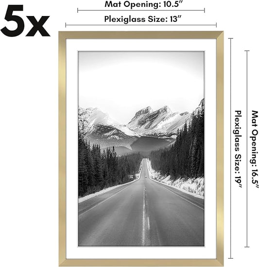 Americanflat 13x19 Picture Frame with Polished Plexiglass - Set of 5 - Use as 11x17 Frame with Mat or Display 13x19 Photo Without Mat - Galleria Collection - Picture Frames for Wall Display - Gold