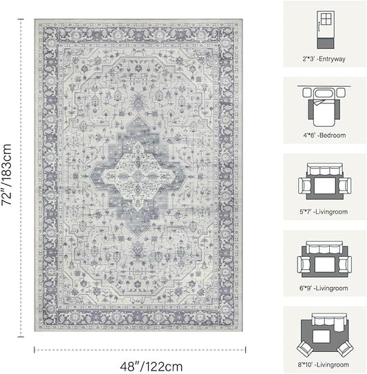 Rugxara Washable Area Rug for Living Room, Vintage Boho Rugs for Office, Dining Room, Kids Room, Farmhouse, Durable Low Pile Non Slip Carpet for High Traffic Areas, Blue Quartz(4x6ft)
