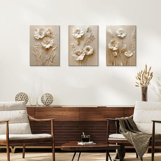 WENGTIAO 3Pcs Beige Flower Canvas Wall Art Prints Neutral Floral Plant Wall Painting Minimalist Botanical Blossom Poster Picture Vintage Artwork Home Decor for Living Room Bedroom Office 20”x28”x3Pcs