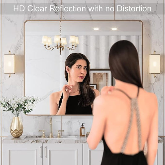LOAAO 40"X32" Gold Bathroom Mirror, Rounded Rectangle Gold Frame Mirror, Brushed Gold Bathroom Vanity Mirror Wall-Mounted, Anti-Rust, Tempered Glass, Hangs Horizontally or Vertically