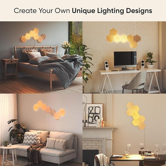 Nanoleaf Elements Wood Look Smart Wall Lights, Hexagon LED Wall Lights Compatible with Alexa Google Assistant, Home Wall Decor for Living Room with Music Sync, Touch Control, Ambient Lighting, 7 PK