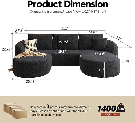 Settab 111" Modular Sectional Couches Luxury Modern Curved Back U-Shape Sofa Set with Ottoman,Minimalist Comfy Boneless Cloud Couch for Living Room Apartment,(Right Facing Chaise,Black)