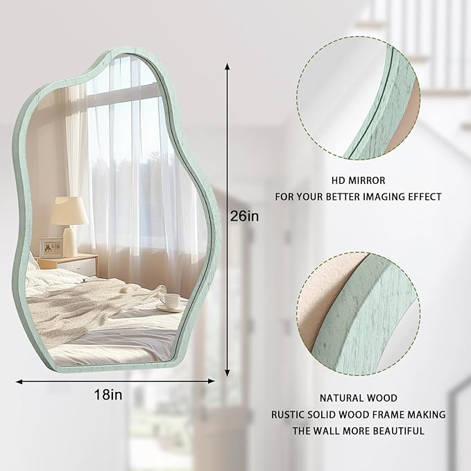 Irregular Wooden Framed Mirror for Wall Modern Artistic Asymmetrical Mirror Unique Shape Cloud Hanging Wall Mirrors Decor Bathroom Vanity Bedroom Living Room Entryway Hallway Green