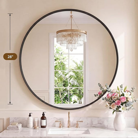 NEWBULIG 28-Inch Round Wall Mirror, Bathroom Wall Circle Mirror with Metal Frame, Bathroom Decor for Entryway, Living Room, Vanity, Black