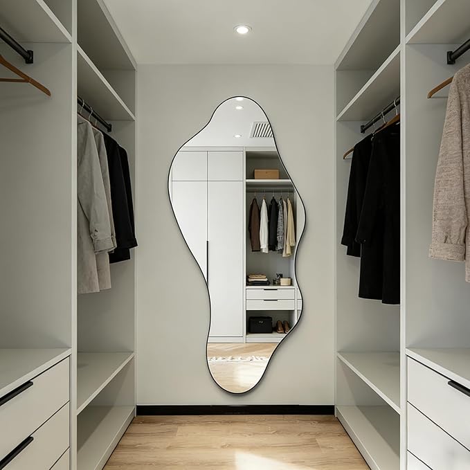 Large Irregular Mirror, 63"x30" Asymmetrical Aesthetic Wall Mirror with Metal Frame, Modern Organic Shaped Mirrors for Living Room Bedroom Hallway Entryway, Hangs Vertically or Horizontally