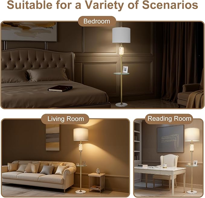 KIVDITZO Modern Floor Lamp for Living Room with Glass Tray and Night Light, Alabaster Bedroom Lamp, Tall Lamp with Linen Shade, Marble Base Standing Lamp for Living Room,Bedroom,Office(Bulb Included)