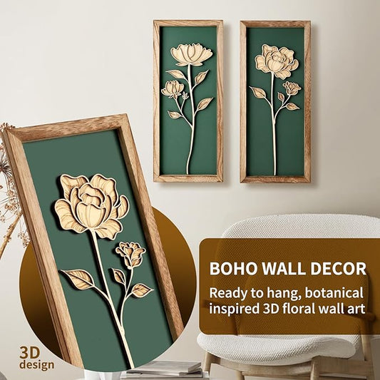 3D Floral Green Wall Art, Wood Boho Framed Wall Arts for Bathroom, Bedroom, Living Room, Dinning Room or Office, Lightweight Green Farmhouse Decor Gift - Set of 2