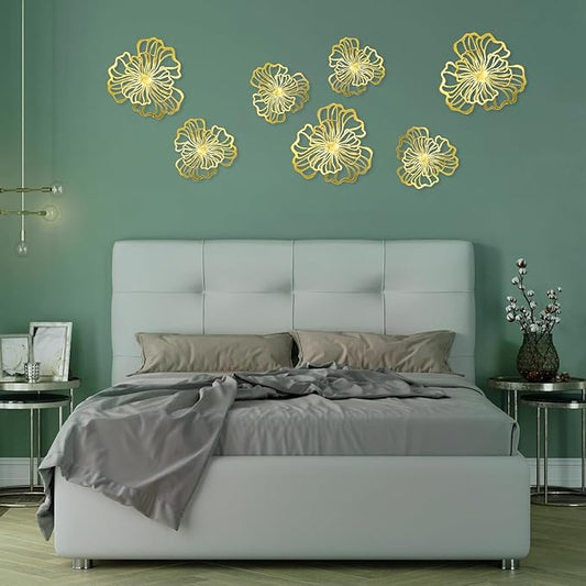 7 Piece Metal Wall Decor for Living Room, Boho Double Layered Iron Flower Wall Hanging Art, Aesthetic Indoor Metal Wall Sculpture Decor for Bedroom Kitchen Bathroom Farmhouse Home Office, Gold