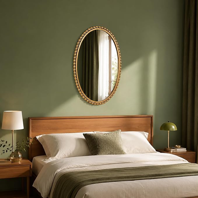 24x36 Inch Oval Wall Mirror with Antique Gold Beaded Frame, Vertical or Horizontal Hanging Vanity Mirror for Bathroom, Powder Room or Bedroom, Decorative Oval Mirror Wall Decor