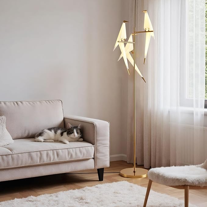 Nordic Paper Crane Floor Lamp, 3-Light Artistic Standing Lamp with LED Lighting, Modern Bird Design with Metal Frame, Decorative Floor Lamp for Living Room, Bedroom, Office & Reading Corner