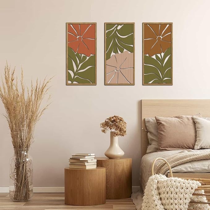 KAIRNE Boho Wooden Wall Art,Bohemian Wood Wall Decor Set of 3(16”X8”),Abstract Minimalist Hanging Decor,Vintage Farmhouse Bohemian Artwork for Living Room Bedroom Kitchen Office Decoration,Framed