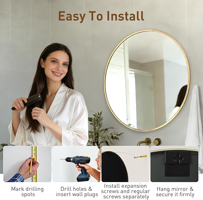 NEWBULIG Round Bathroom Mirror for Over Sink, 24 Inch Wall Mount Vanity Circle Mirror with Matte Metal Framed, Decor for Bathroom, Entryway, Bedroom, Gold