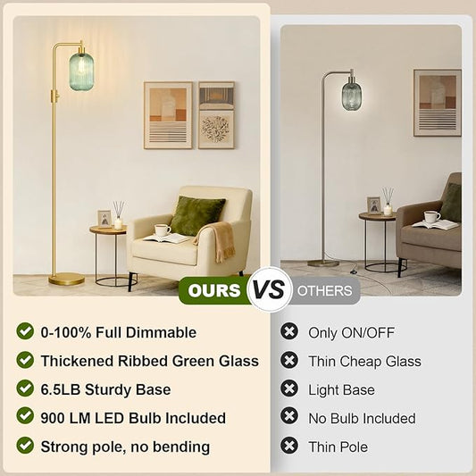 【Upgraded】 Dimmable Glass Floor Lamp for Living Room, Modern Gold Standing Lamp with Green Ribbed Glass Lampshade & Knob Dimmer, Arc Tall Lamp for Bedroom Office Reading Room, 2700K Led Bulb Included